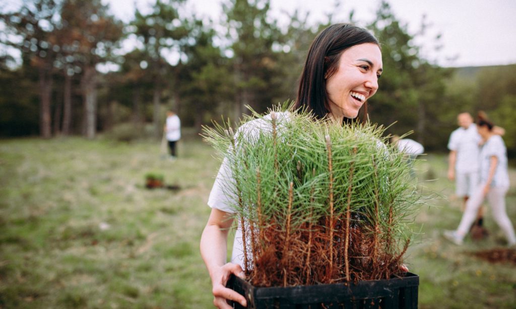 Young, smiling woman with dark hair, carrying seedlings that are about to be planted in a forest. In the background, people work planting trees.