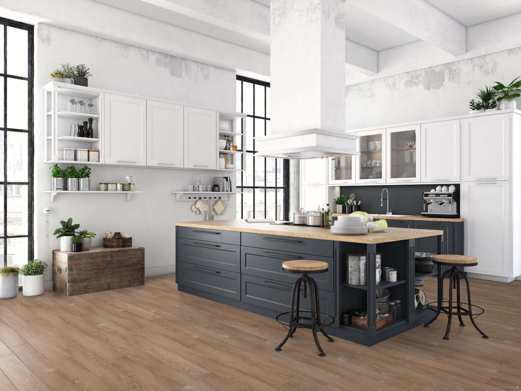 A modern kitchen with warm-toned flooring, large windows allowing natural light to fill the space, and white walls. The flooring has a rich, inviting hue that complements the bright, airy atmosphere of the roomA modern kitchen with warm-toned flooring, large windows allowing natural light to fill the space, and white walls. The flooring has a rich, inviting hue that complements the bright, airy atmosphere of the room